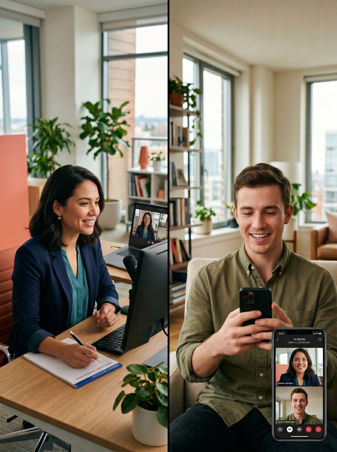 A Philadelphia employer on a desktop video call with a candidate on their phone — a live virtual interview in progress
