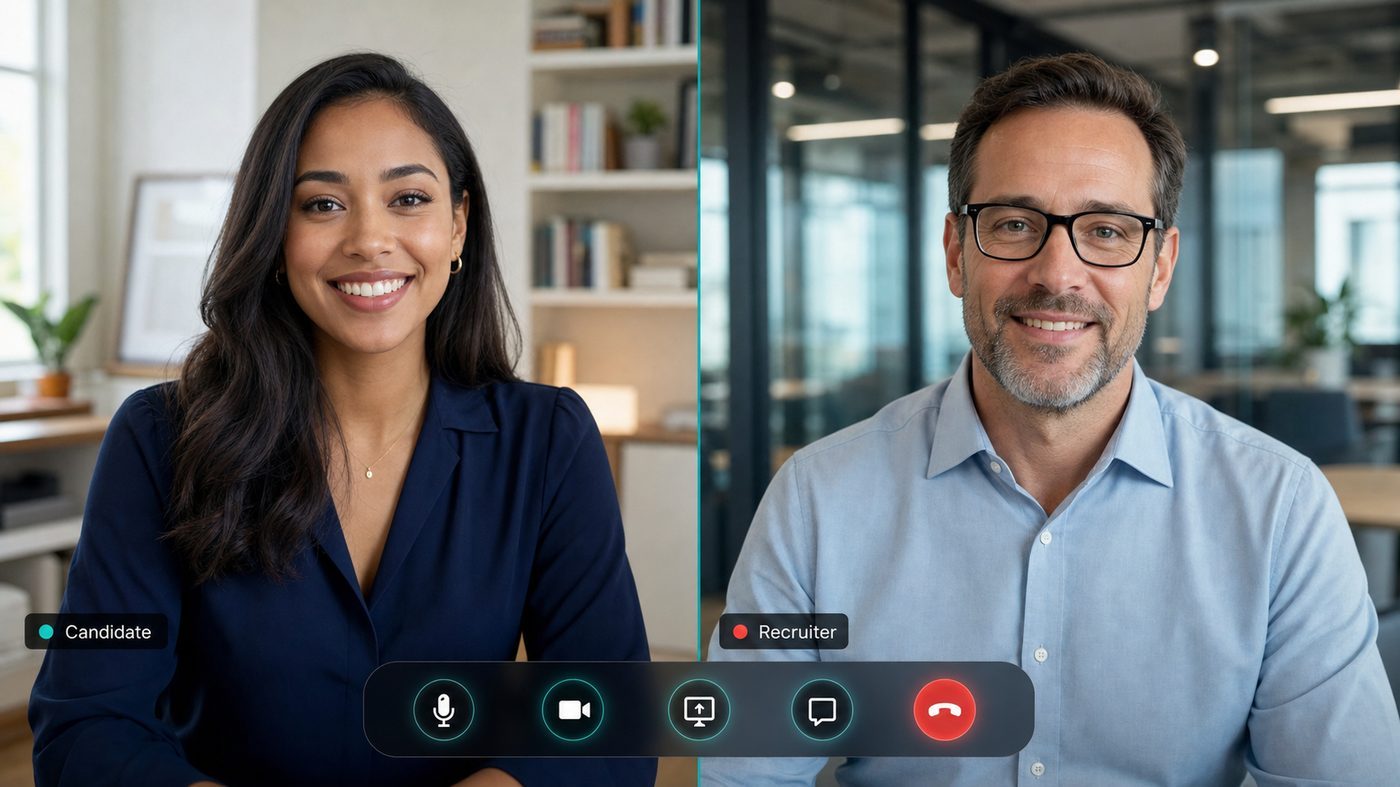 Live video call between a candidate and a recruiter with on-screen video controls
