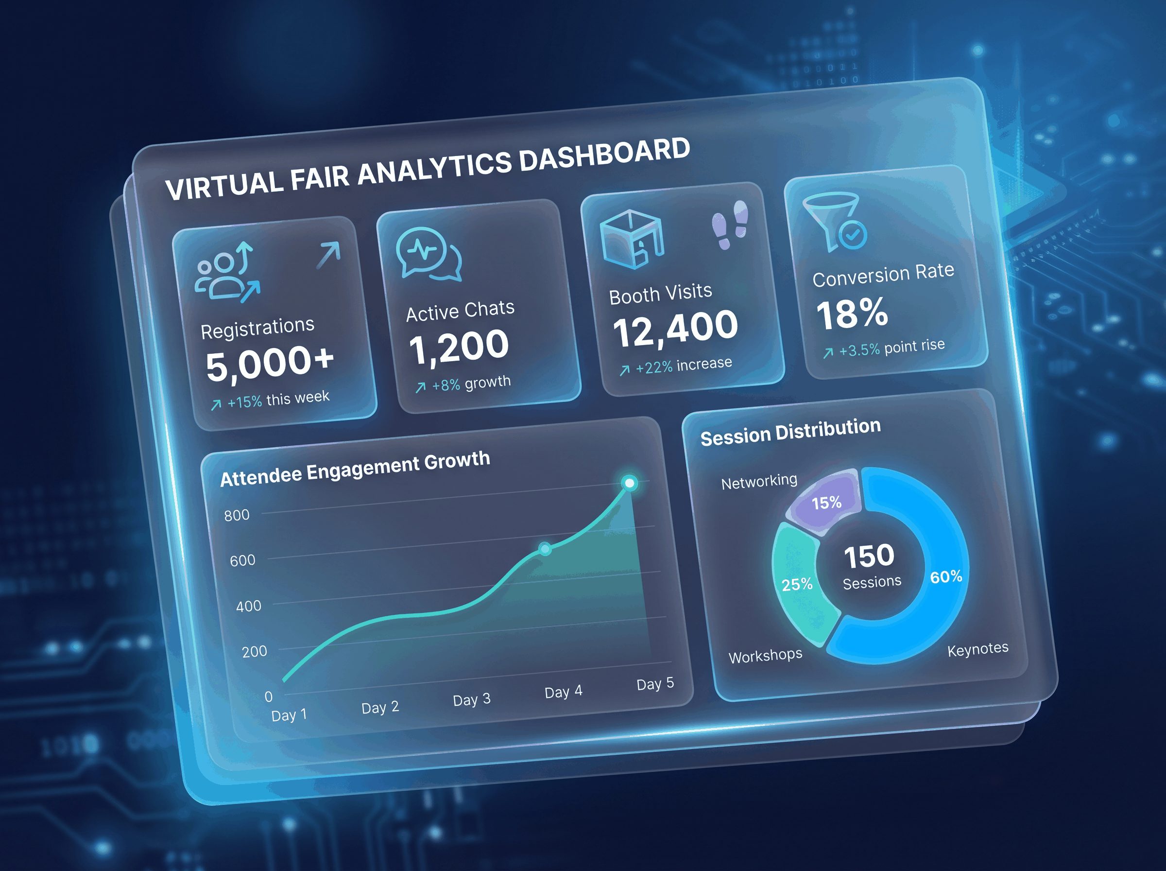 Virtual job fair analytics dashboard showing booth visits, resumes collected, and engagement trends